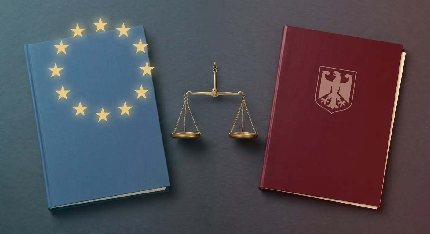 Schematische Gegenüberstellung zweier Dokumentstapel mit Sternenkreis und österreichischem Adler-Symbol für EU-Lizenz und nationale Konzession