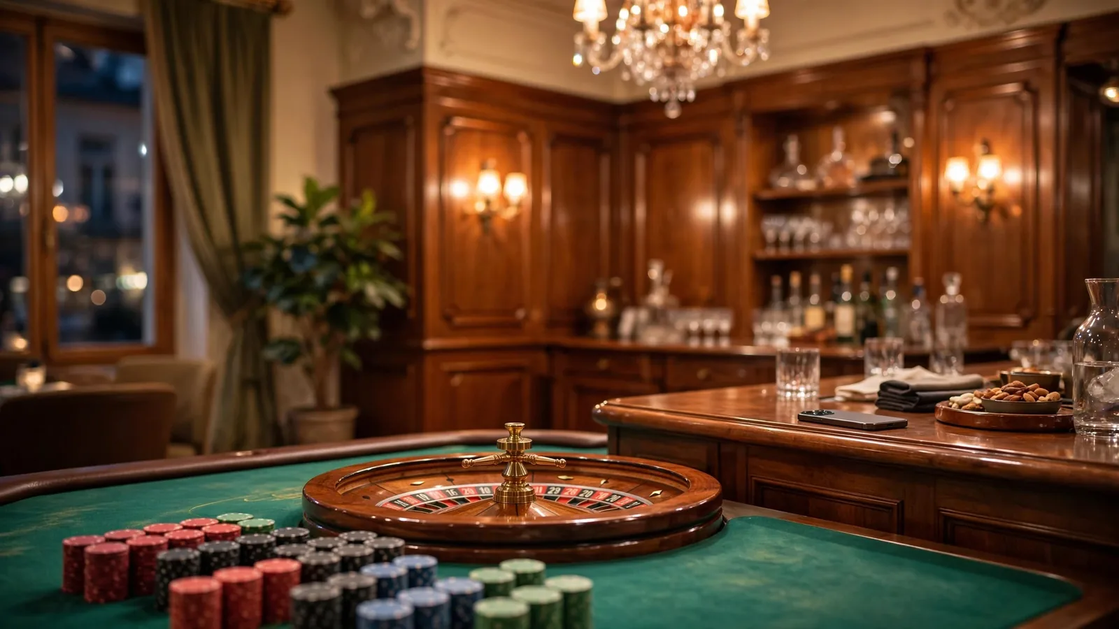 Stilvolles österreichisches Casino mit Roulette-Tisch und Chips bei warmem Licht