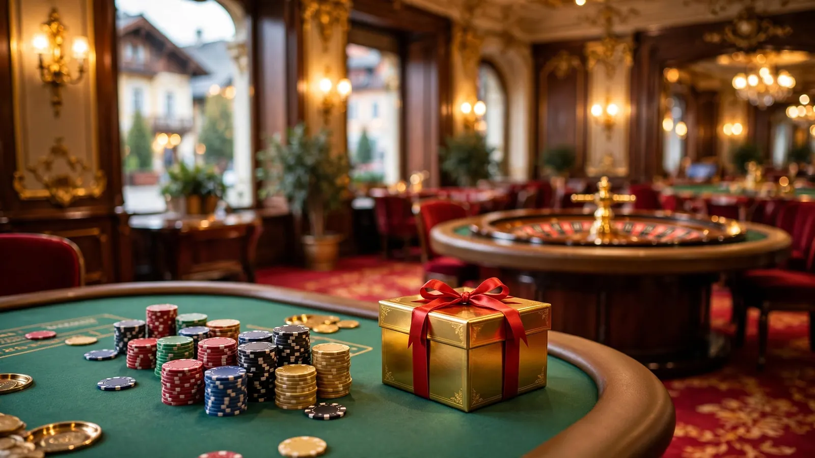 Casino-Tisch mit Chips und Geschenkbox als Bonus-Symbol