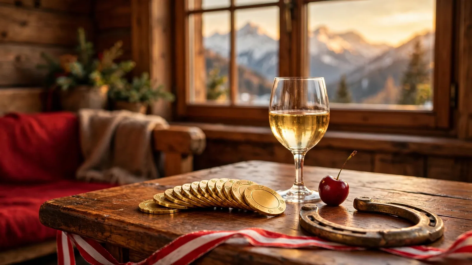 Goldene Casino-Chips und Kirsche auf Holztisch vor Tiroler Alpenpanorama