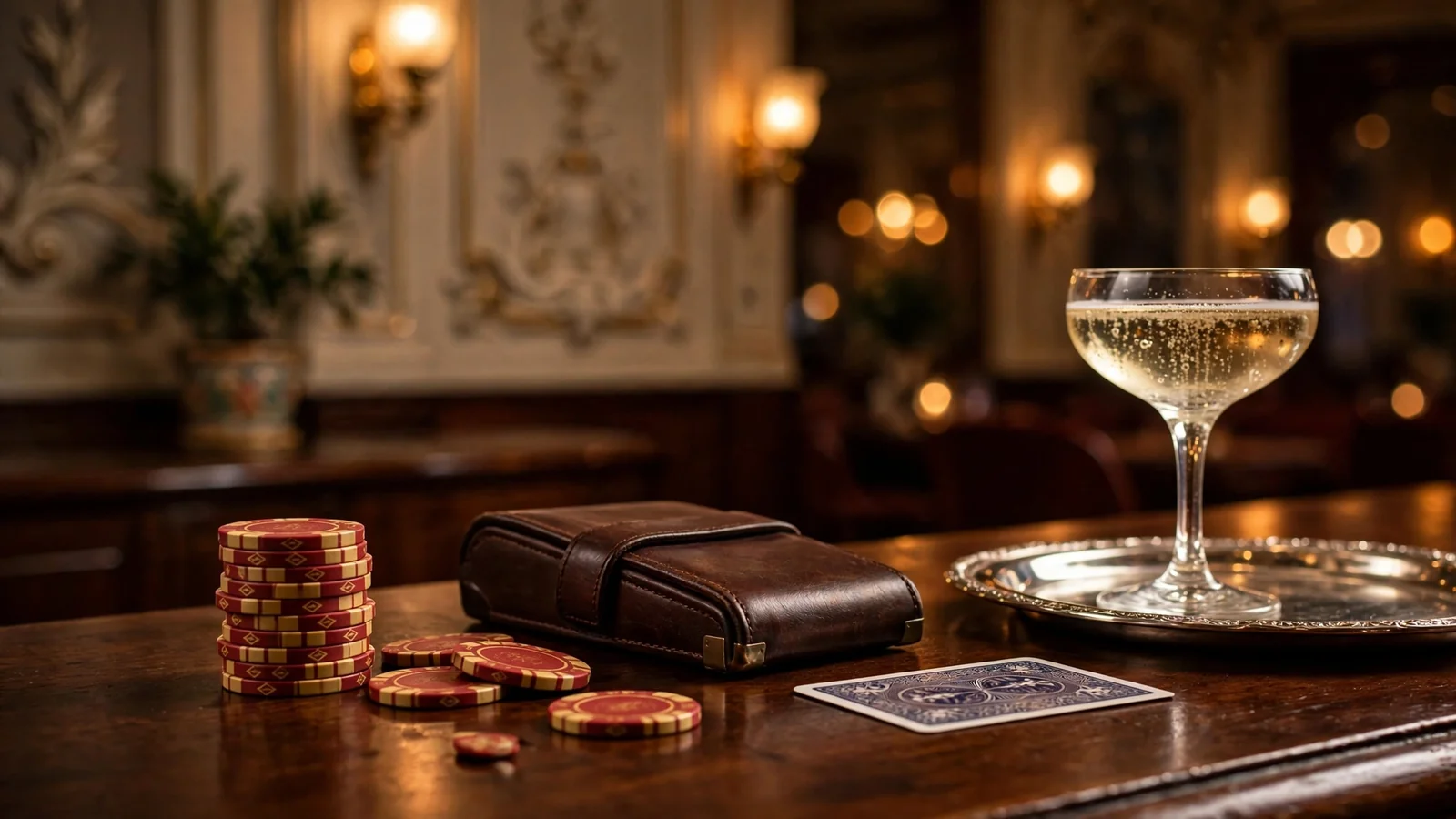 Casino-Chips und Champagner auf einer Wiener Spielbank-Theke