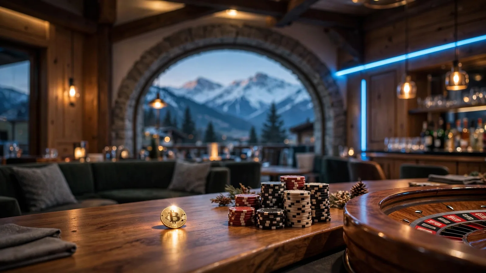 Stimmungsvolles österreichisches Casino-Lounge mit Krypto-Akzenten