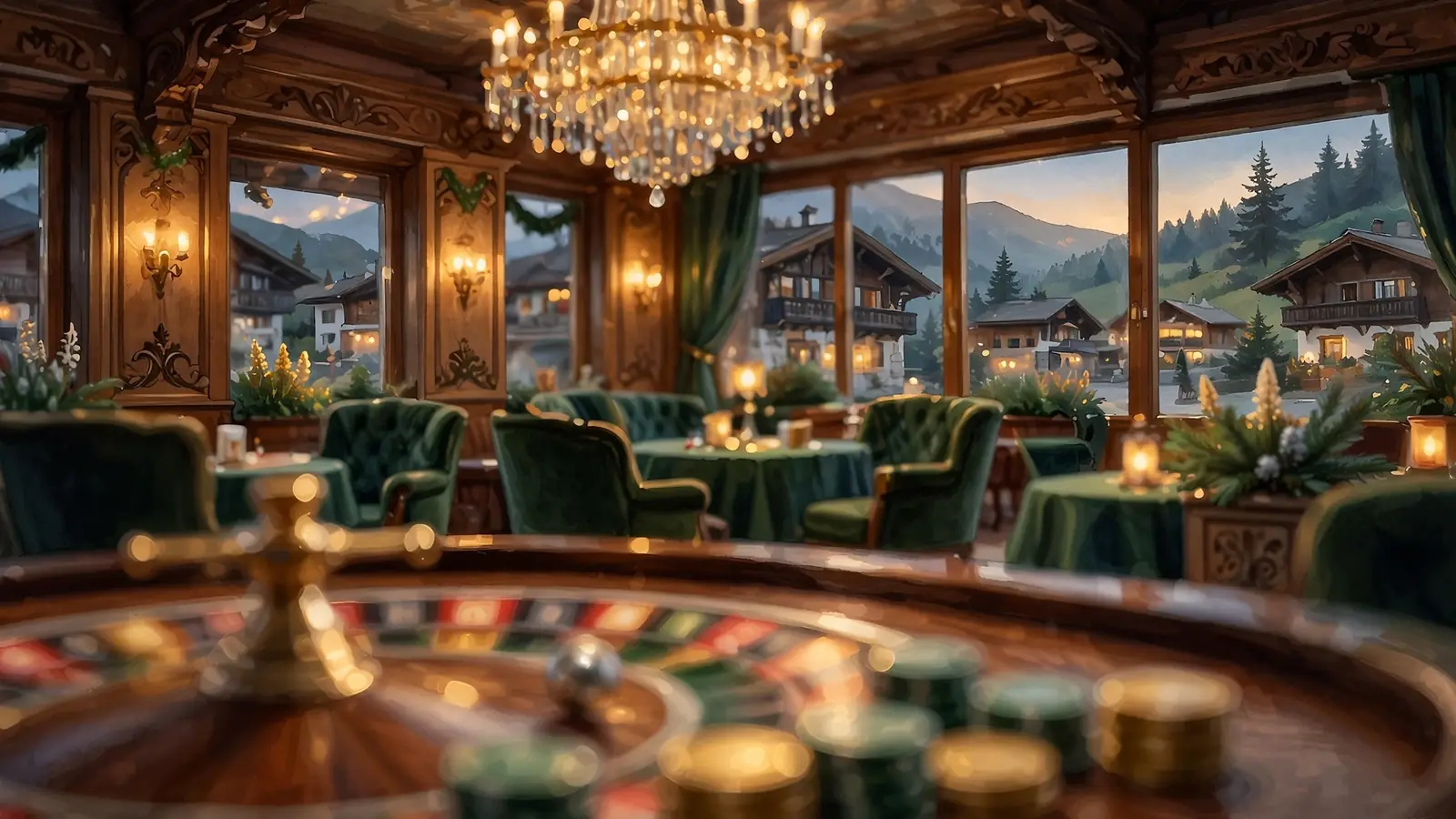 Stilvolle Casino-Lounge mit Roulette-Tisch und Chips bei Abendlicht