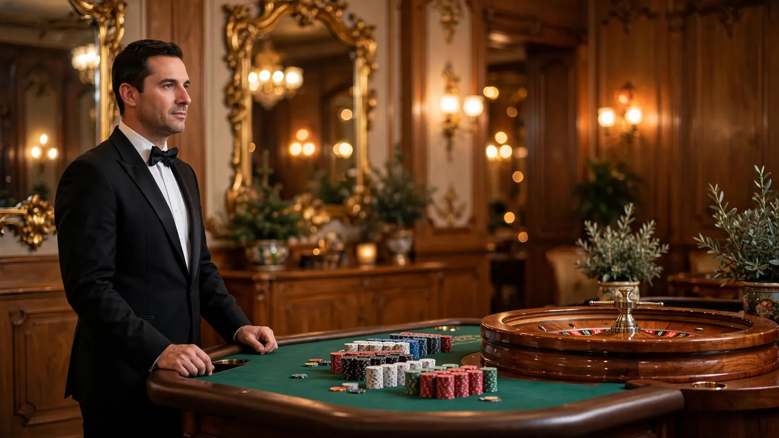 Professioneller Live-Dealer am Spieltisch in elegantem österreichischem Casino-Studio