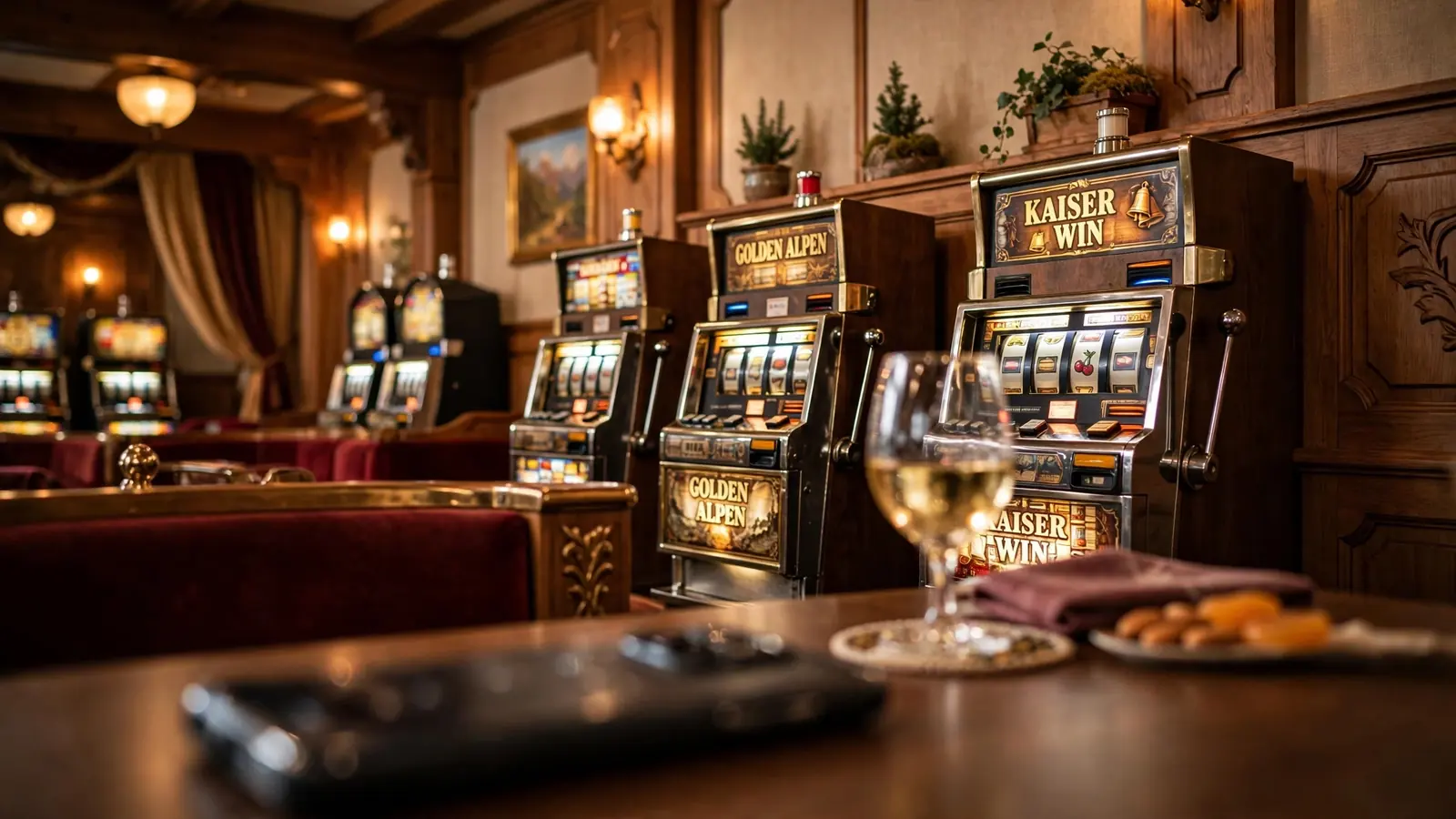 Stilvolles österreichisches Spielcasino mit klassischen Spielautomaten und warmer Beleuchtung