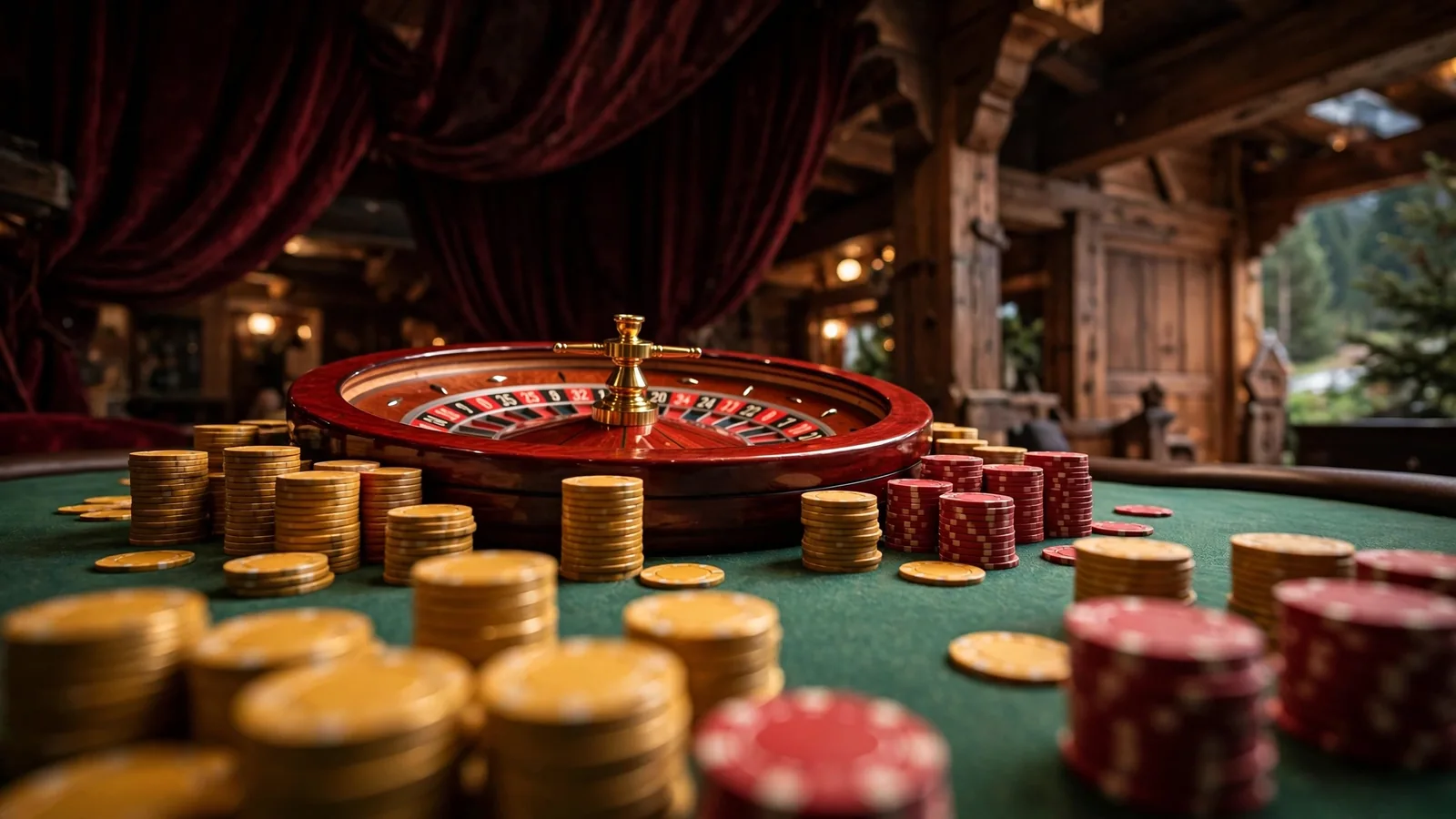 Stilvolle Roulette-Szene mit Casino-Chips und rotem Rouletterad in warmem Licht