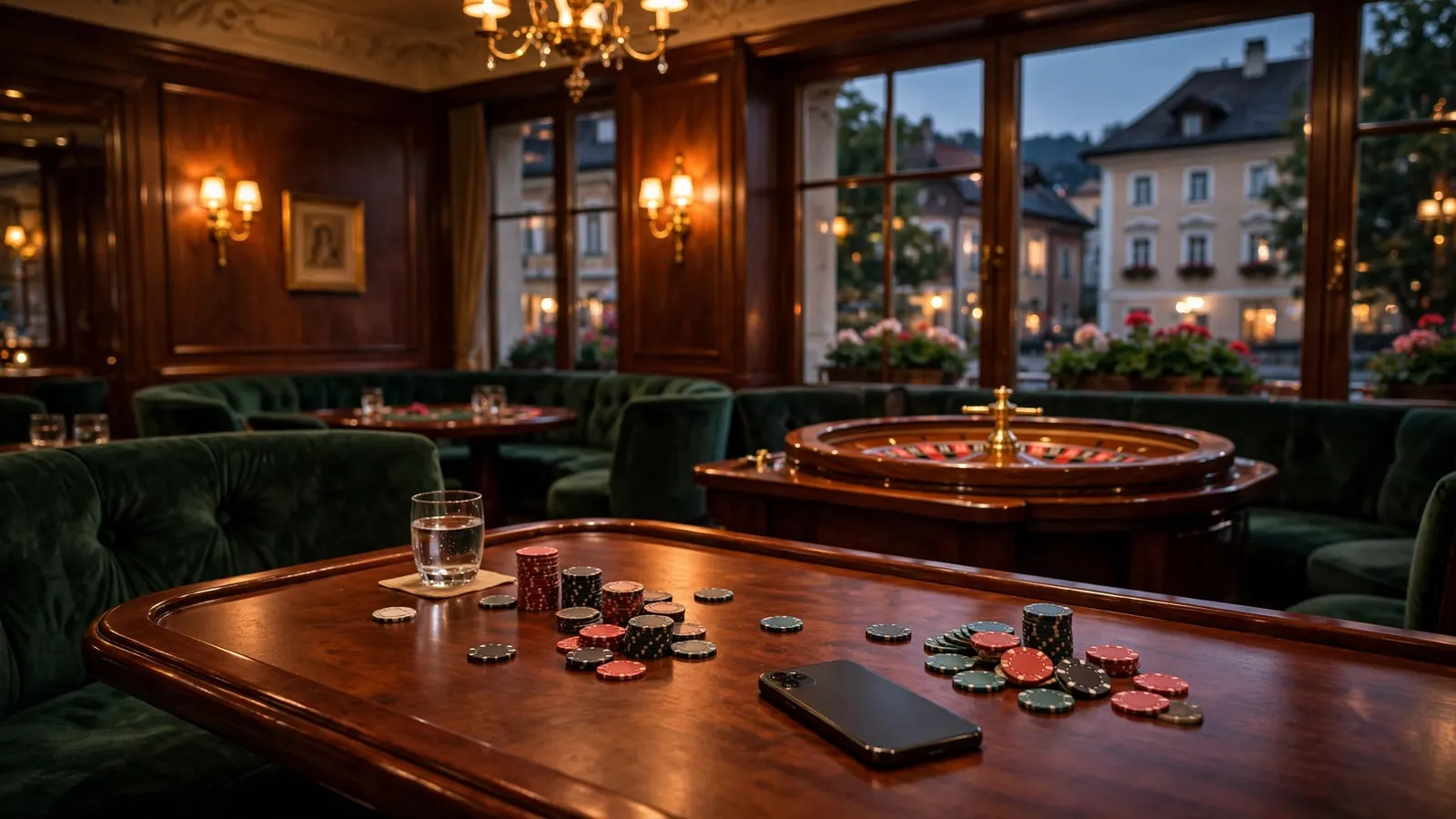 Elegante österreichische Casino-Lounge mit Roulette und Chips