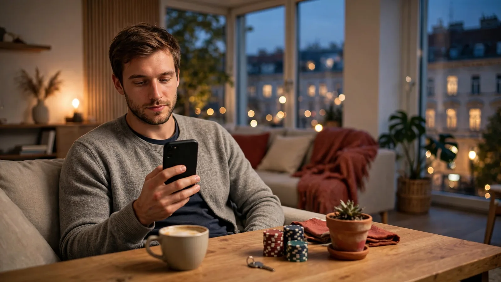 Österreichischer Mann entspannt mit Smartphone und Poker-Chips zuhause