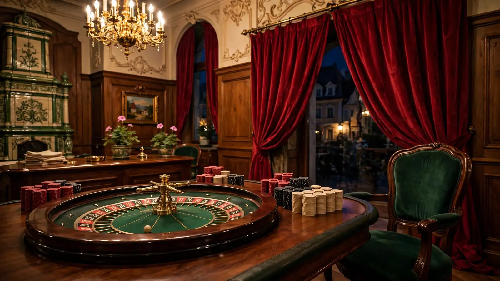 Stilvolle Casino-Lounge mit Roulette-Tisch und Chips