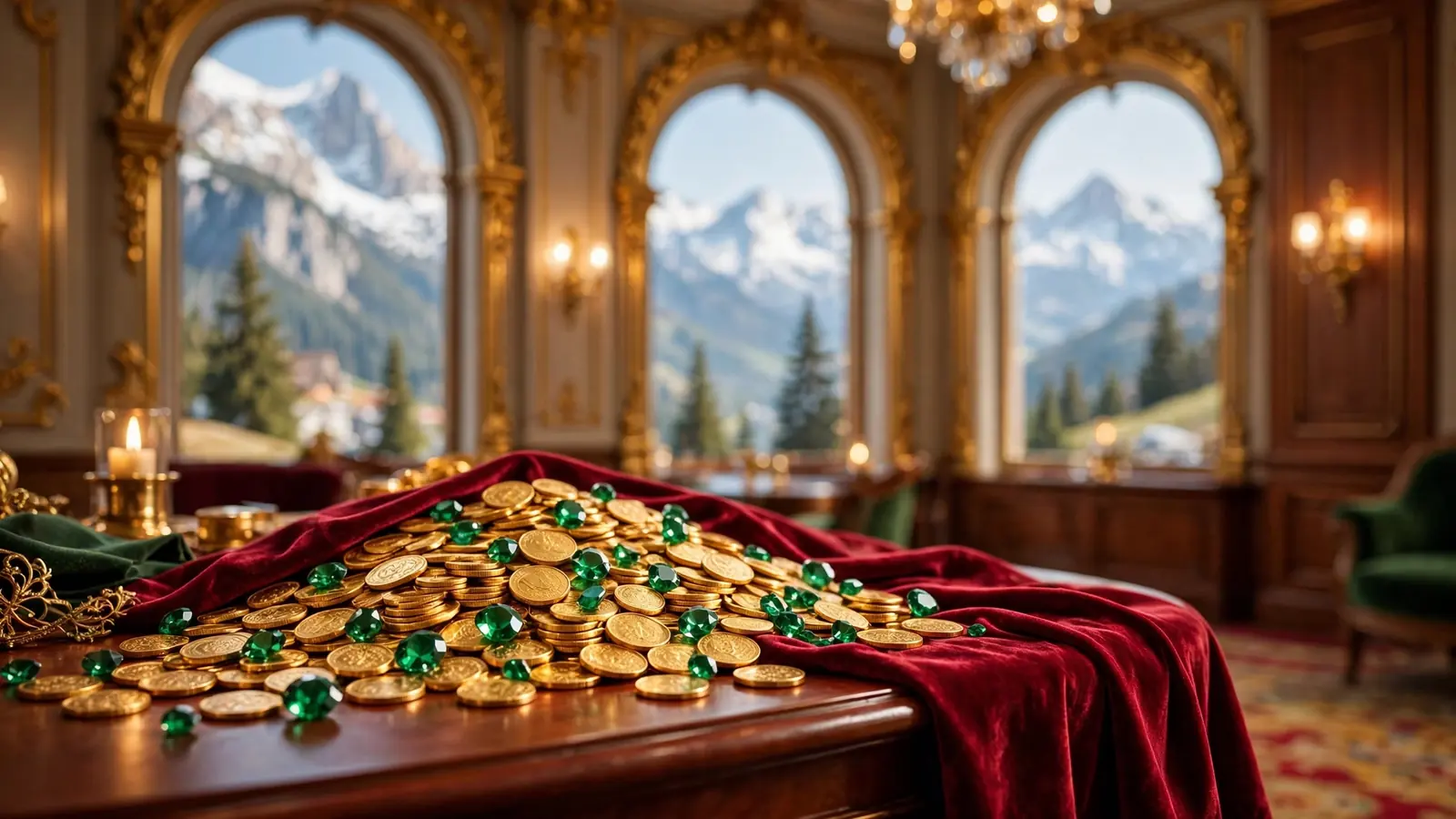Goldmünzen und Edelsteine auf rotem Samt vor österreichischer Alpenkulisse