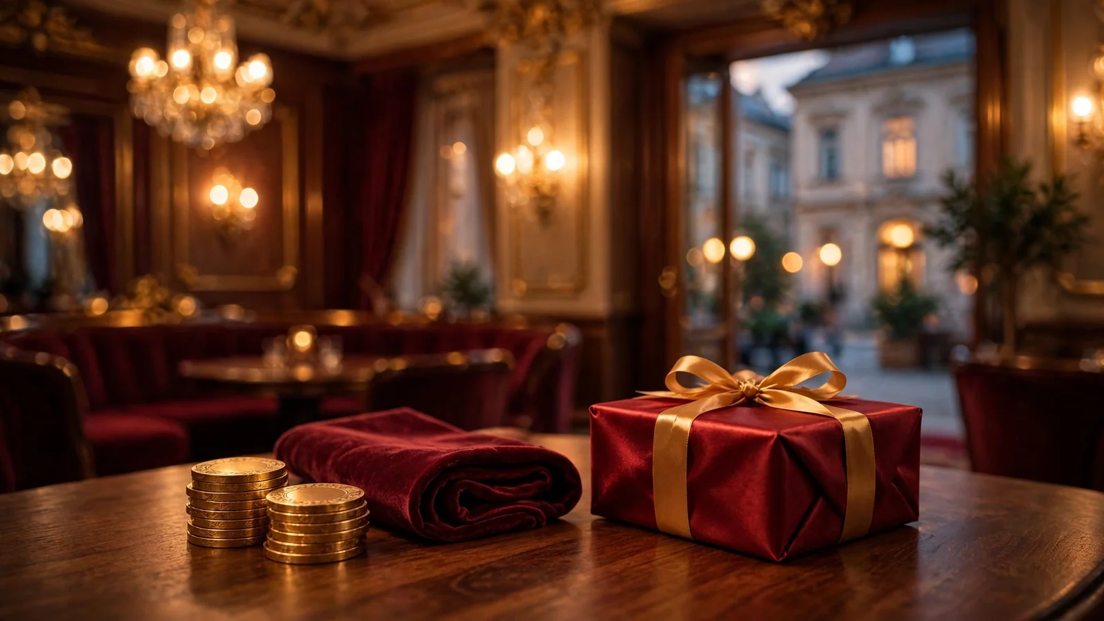Goldene Casino-Chips und ein rotes Willkommensgeschenk auf einem Wiener Spieltisch