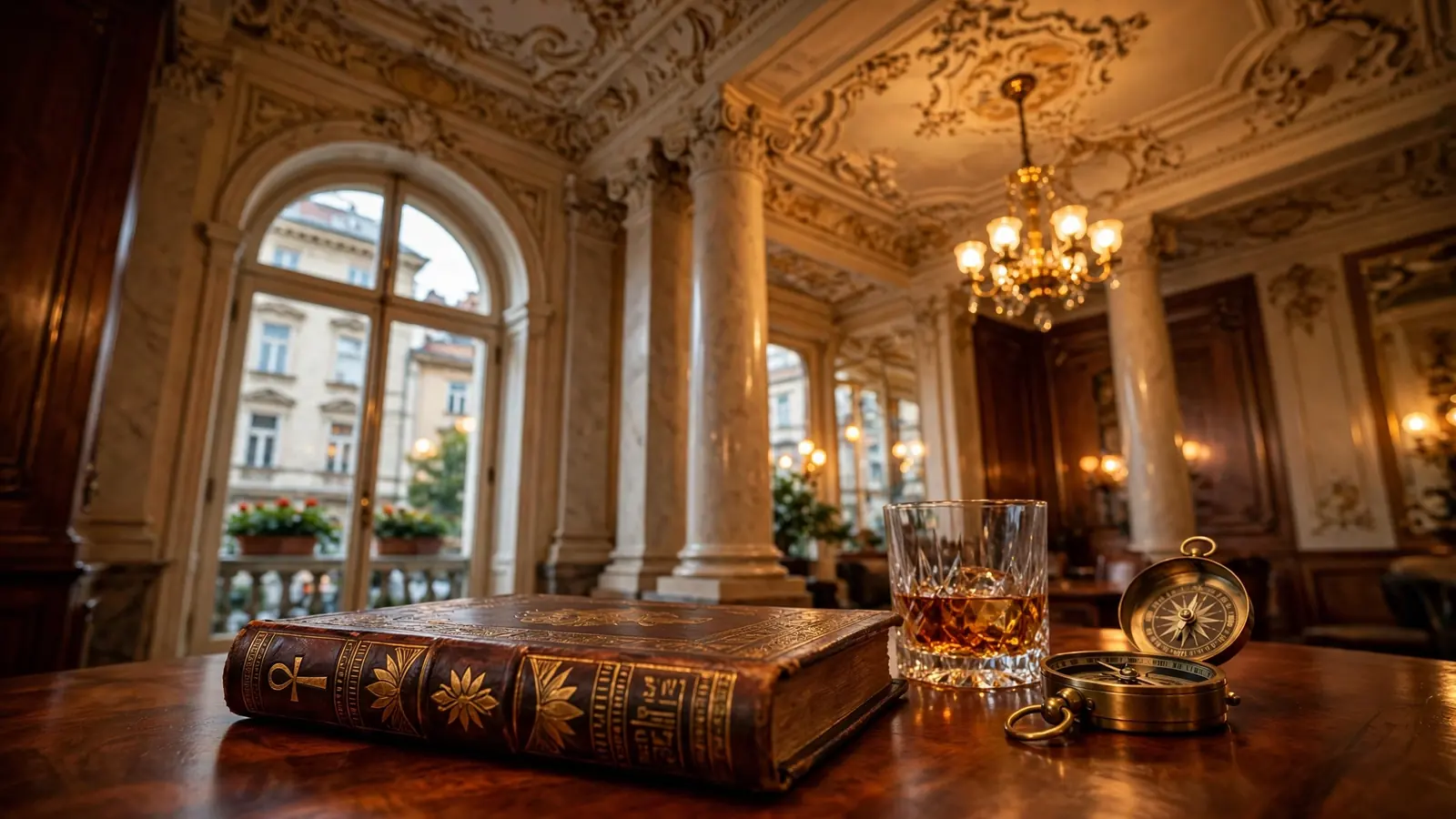 Elegantes Wiener Interieur mit antikem Buch und Kristallglas auf Mahagoni-Tisch
