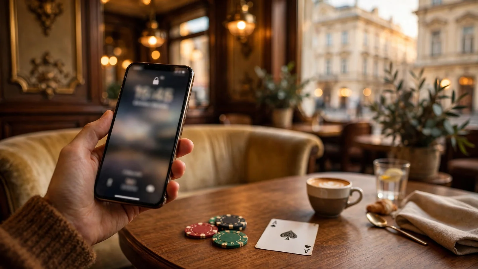 Smartphone mit Spielchips in Wiener Café