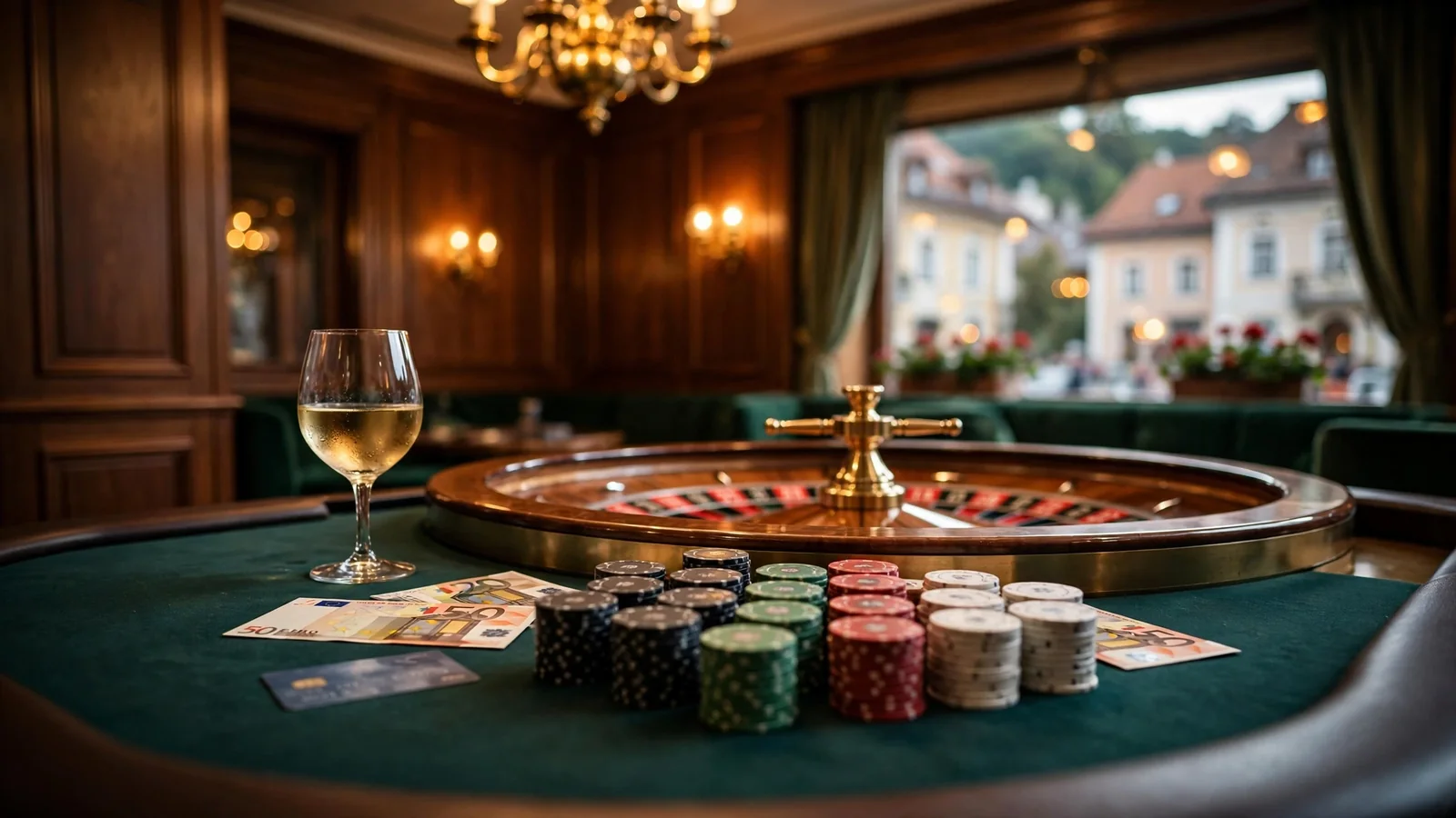 Elegantes österreichisches Casino-Ambiente mit Rouletterad, Chips und Euro-Banknoten für schnelle Auszahlungen.