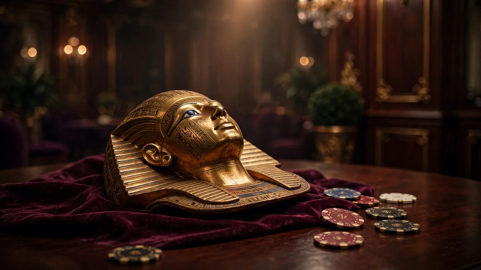 Goldene Pharaonenmaske mit Casino-Chips auf Samt in Wiener Casino-Atmosphäre