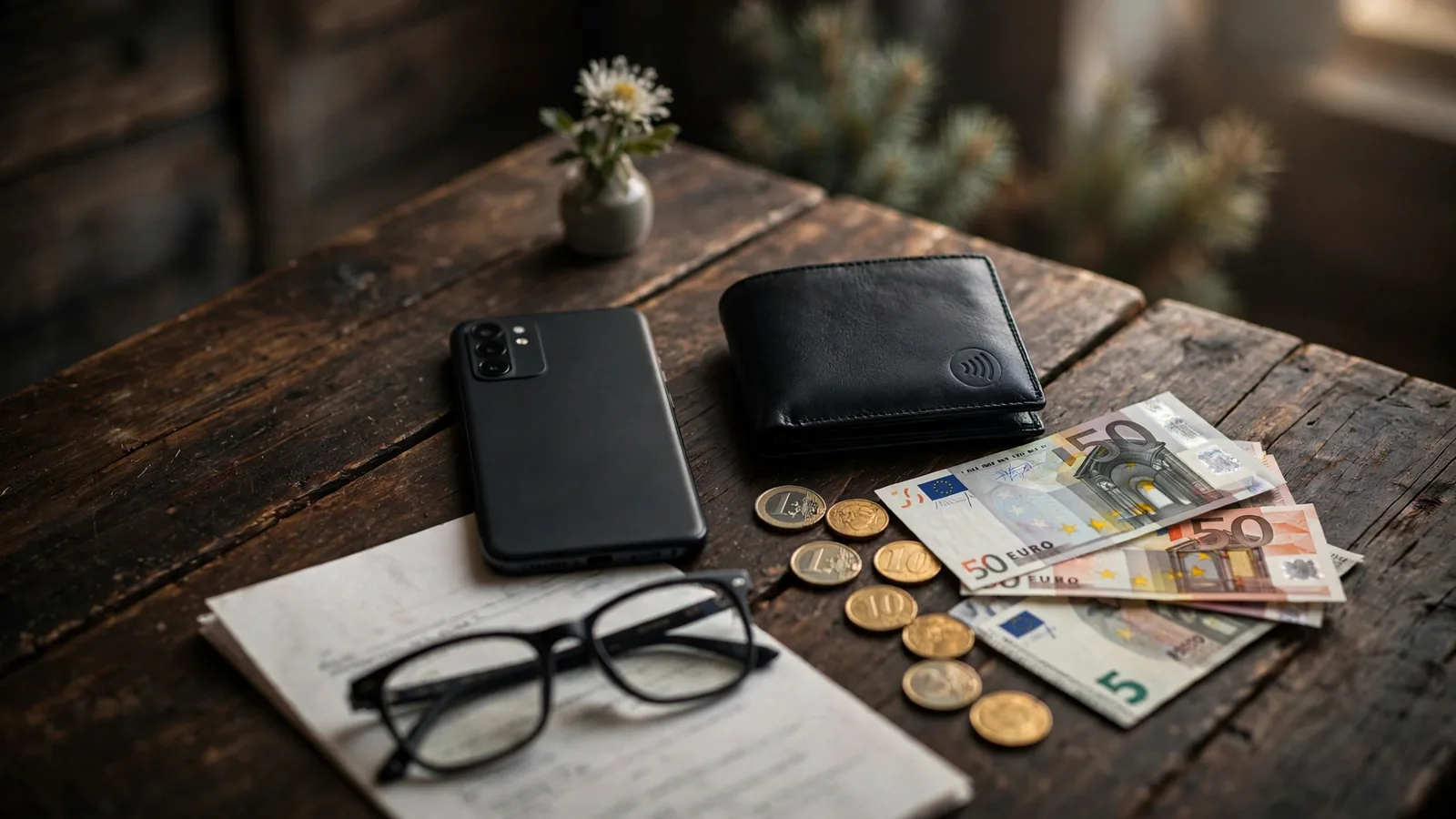 Smartphone, Wallet und Euro-Geld auf Holzuntergrund