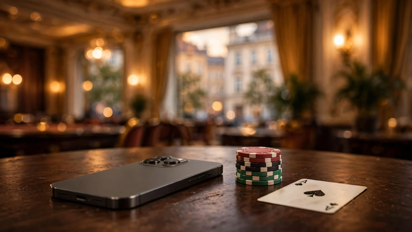 iPhone neben Pokerchips auf einem Casino-Tisch bei warmem Licht