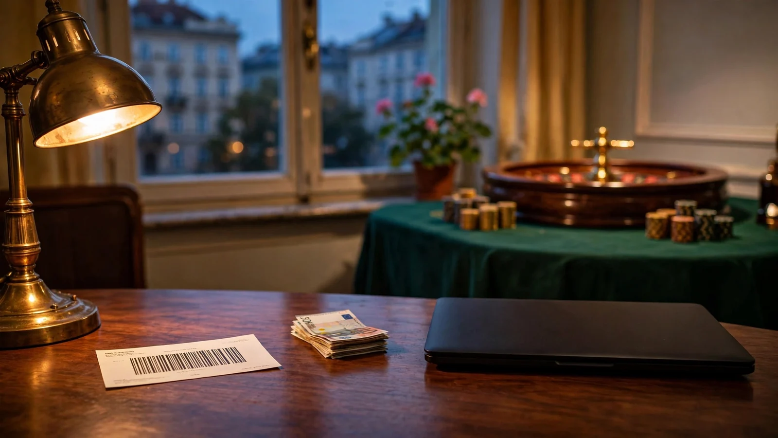 CashtoCode-Gutschein, Euro-Scheine und Roulette am Tisch in Wiener Wohnung