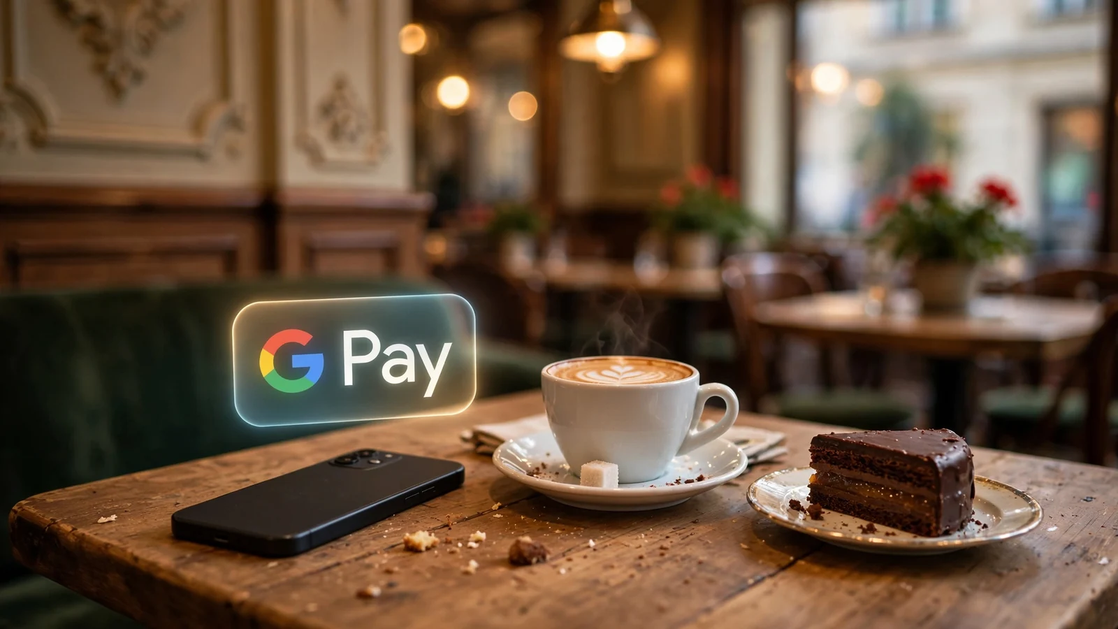 Smartphone und Google Pay-Zahlung in einem Wiener Café