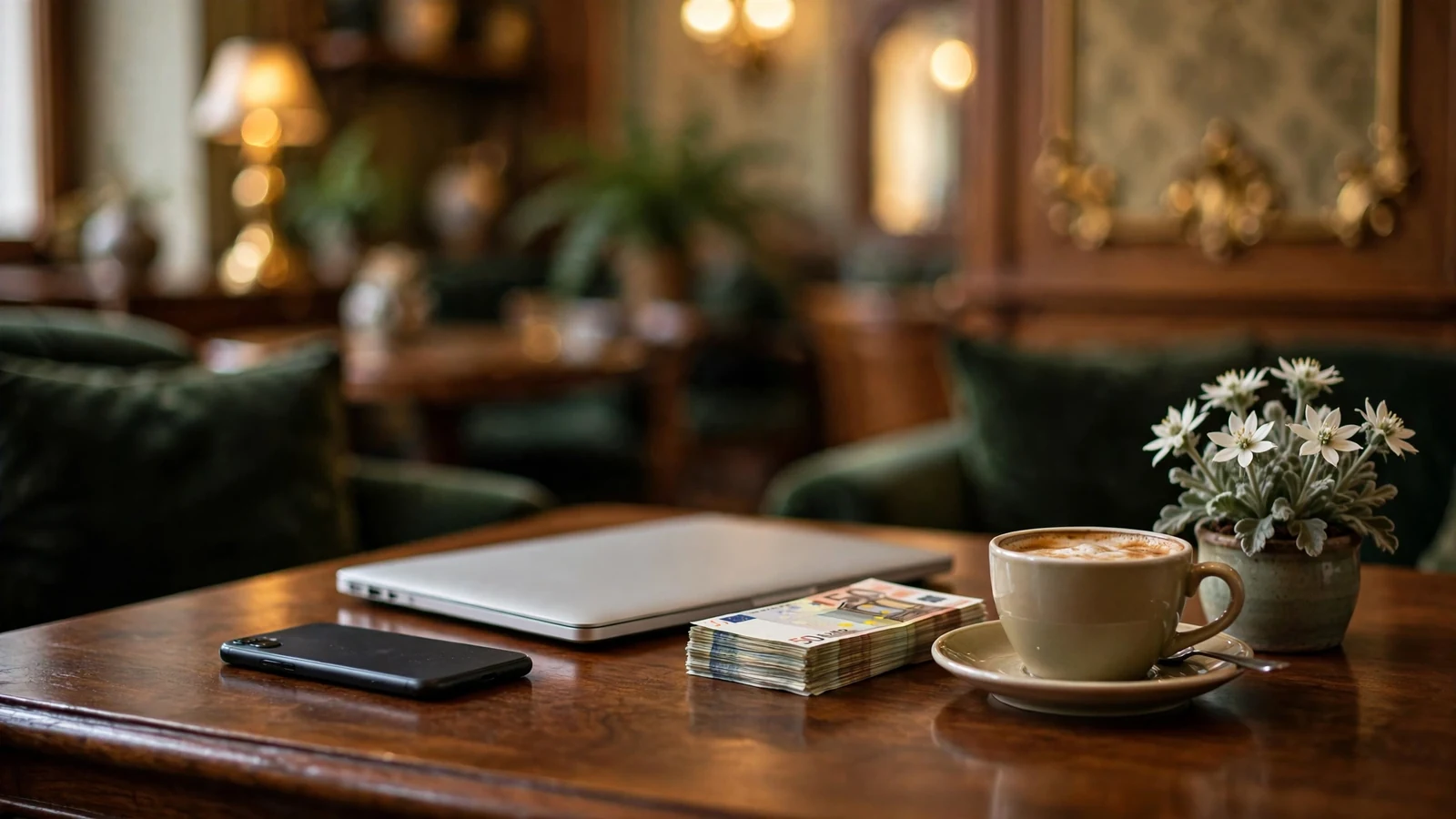 Smartphone und Laptop mit Euro-Geldscheinen auf einem eleganten Tisch in österreichischem Interieur