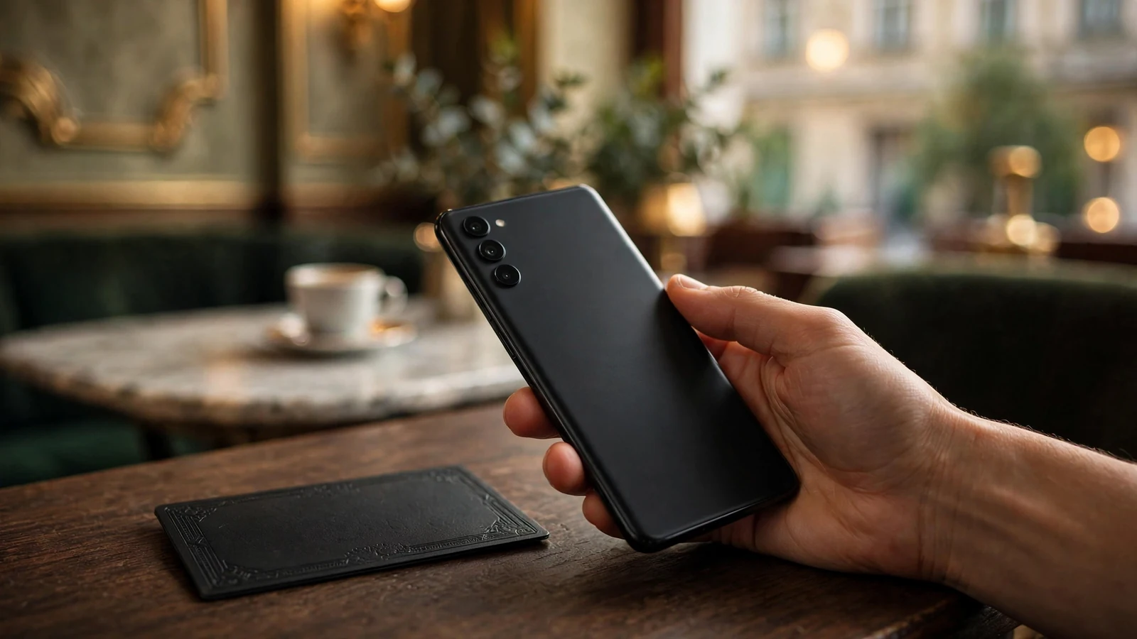 Smartphone und Neteller-Karte in einem Wiener Café
