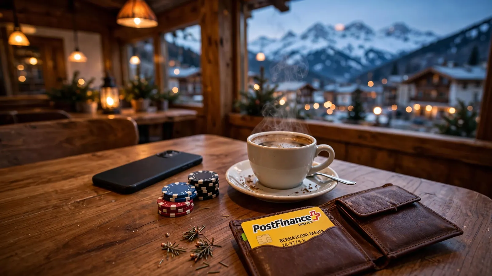 Smartphone, Casino-Chips und PostFinance-Karte in einem österreichischen Café