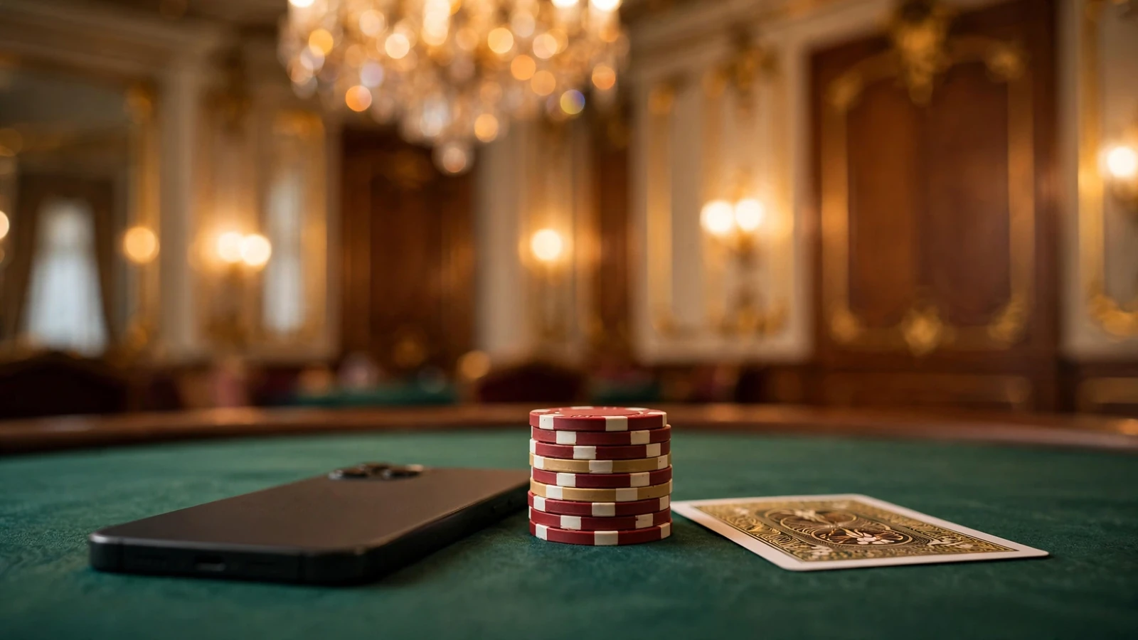 Smartphone verdeckt auf grünem Spieltisch mit Chips und österreichischem Casino-Ambiente im Hintergrund.