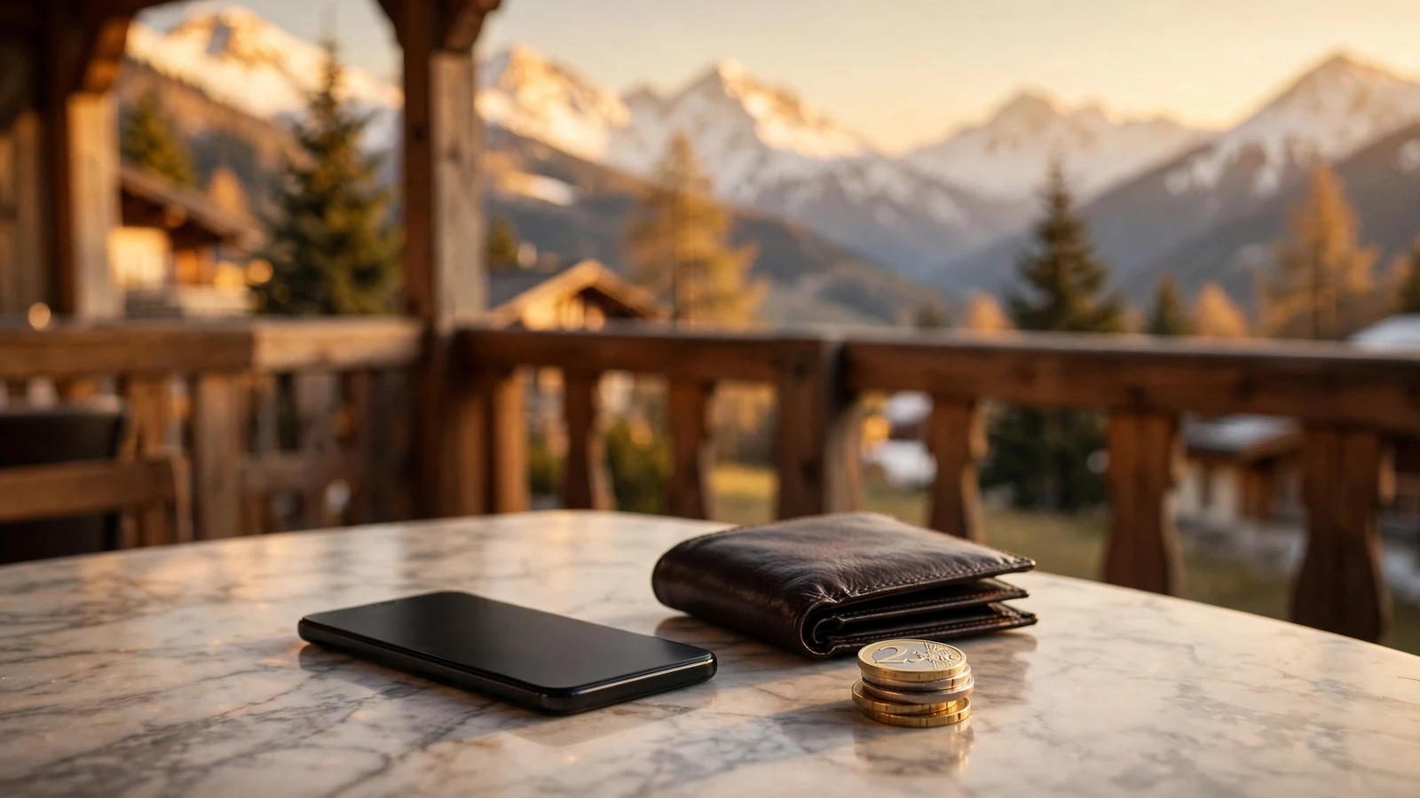 Smartphone neben Geldbörse und Euromünzen auf Marmortisch mit Alpenpanorama