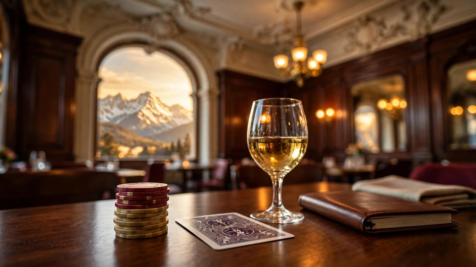 Elegantes Wiener Kaffeehaus mit Spielchips und Alpenblick bei Sonnenuntergang