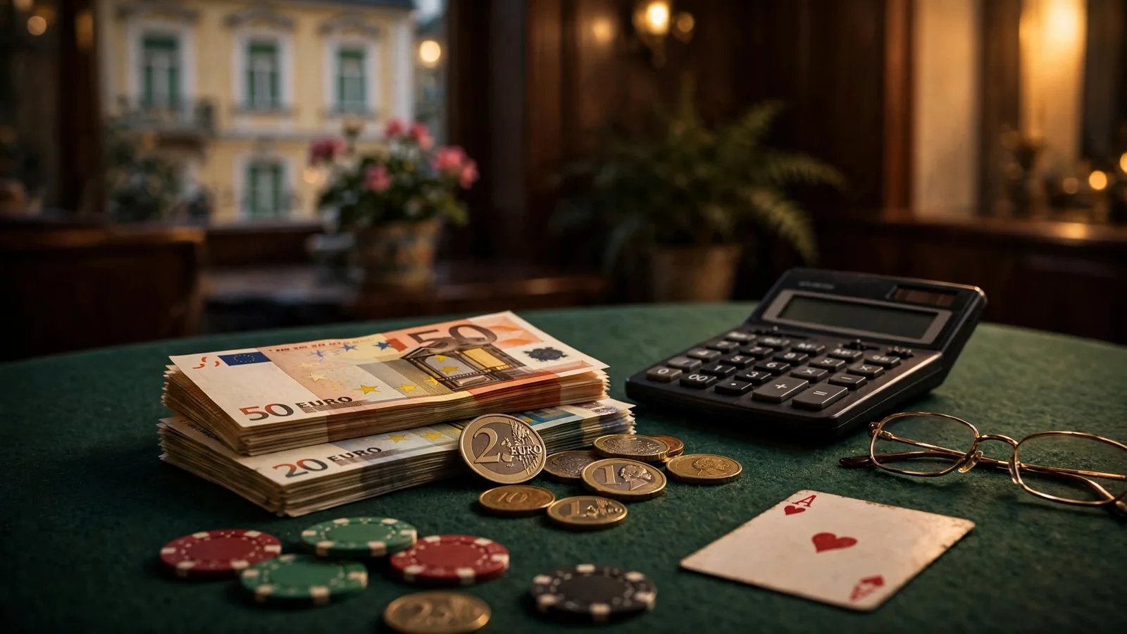 Euro-Scheine, Spielchips und ein Taschenrechner als Symbol für Casino-Gewinne und Steuern in Österreich.
