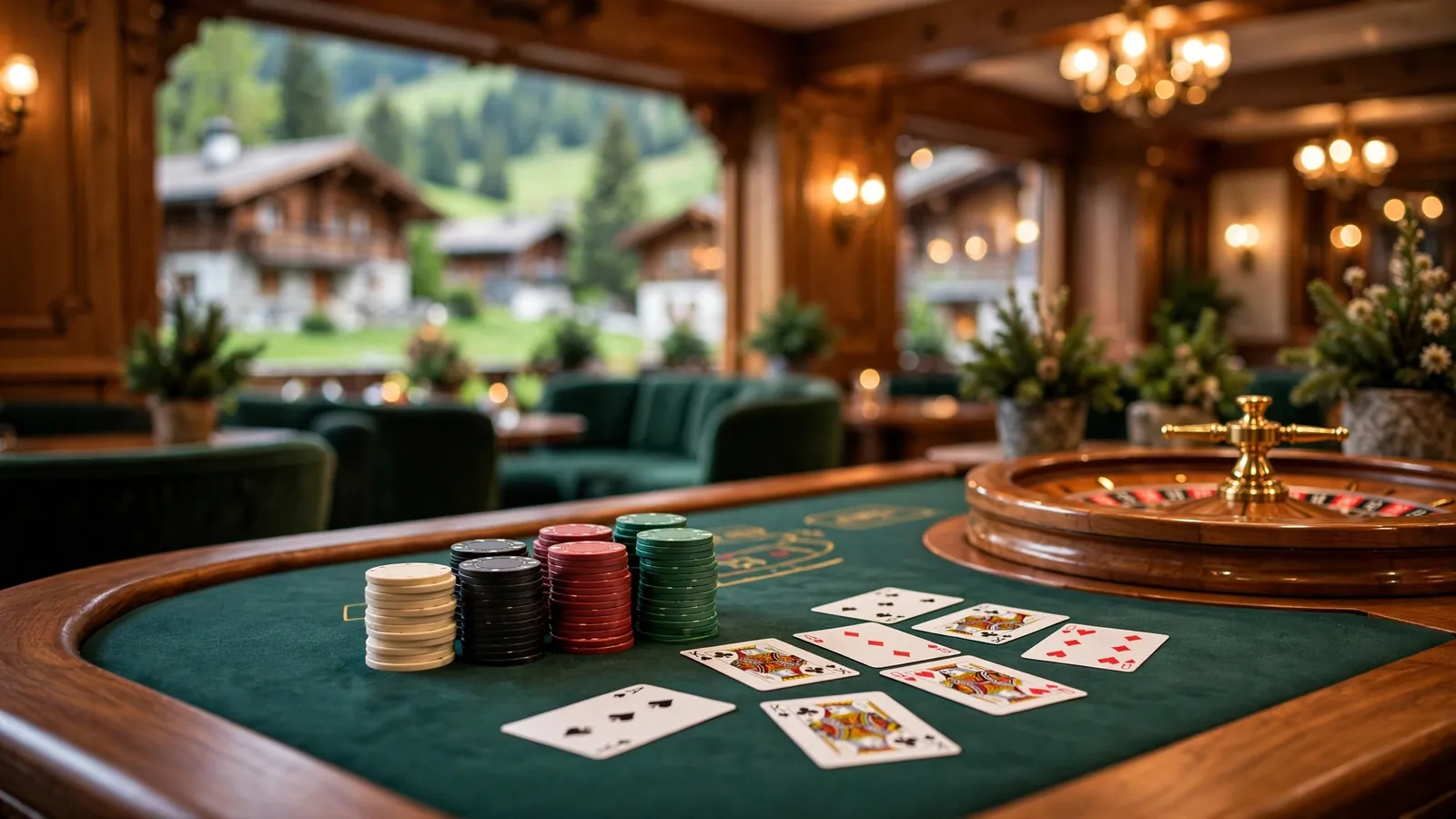 Eleganter Casinotisch mit Chips, Roulette und Spielkarten