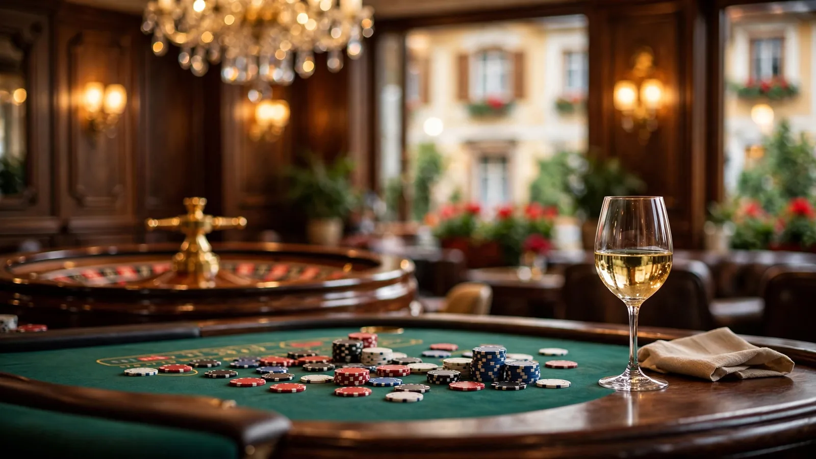 Eleganter österreichischer Casinotisch mit Roulette und Spielchips