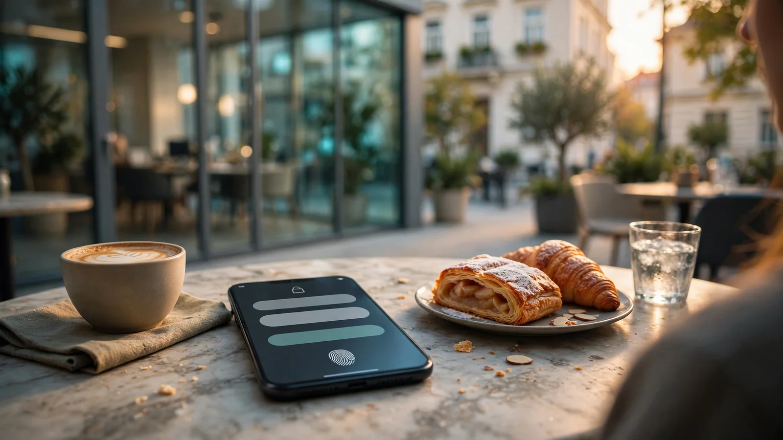 Smartphone mit Banking-App auf Wiener Kaffeetisch, moderne Fintech-Atmosphäre