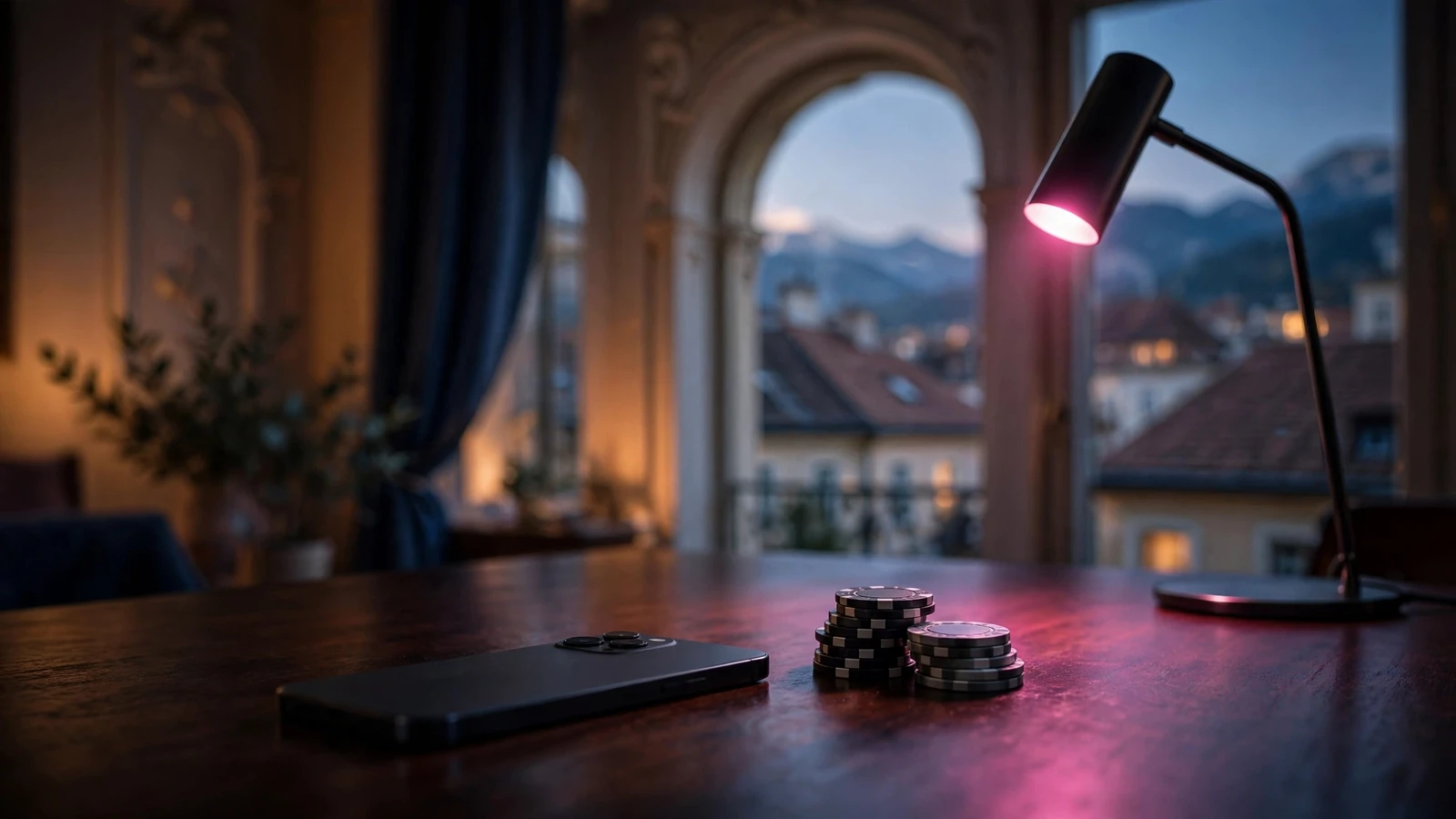 Smartphone und Casino-Chips auf Holztisch mit Magenta-Licht in Wiener Interieur