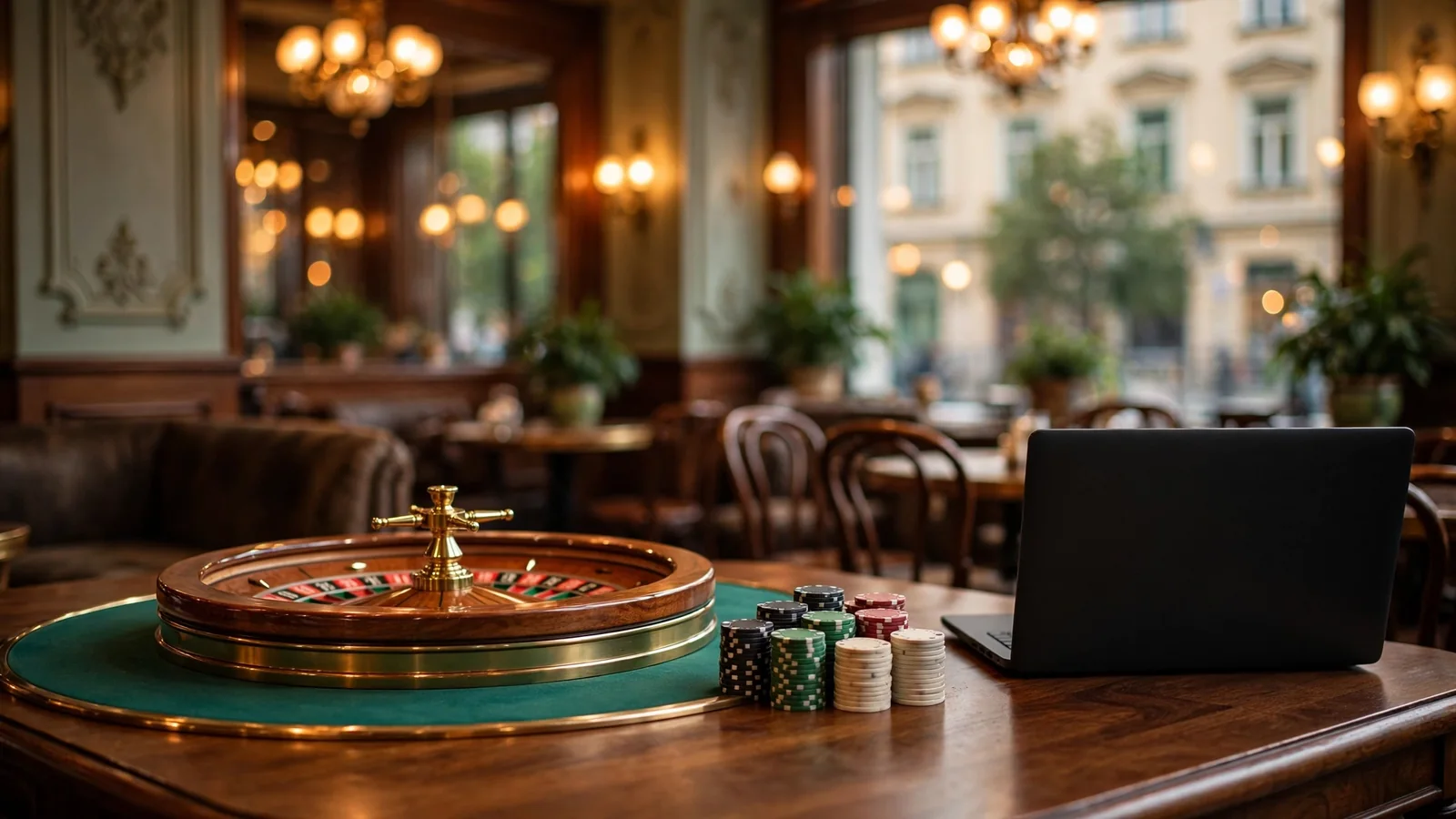 Stilvolle österreichische Casino-Szene mit Roulette und Spielchips