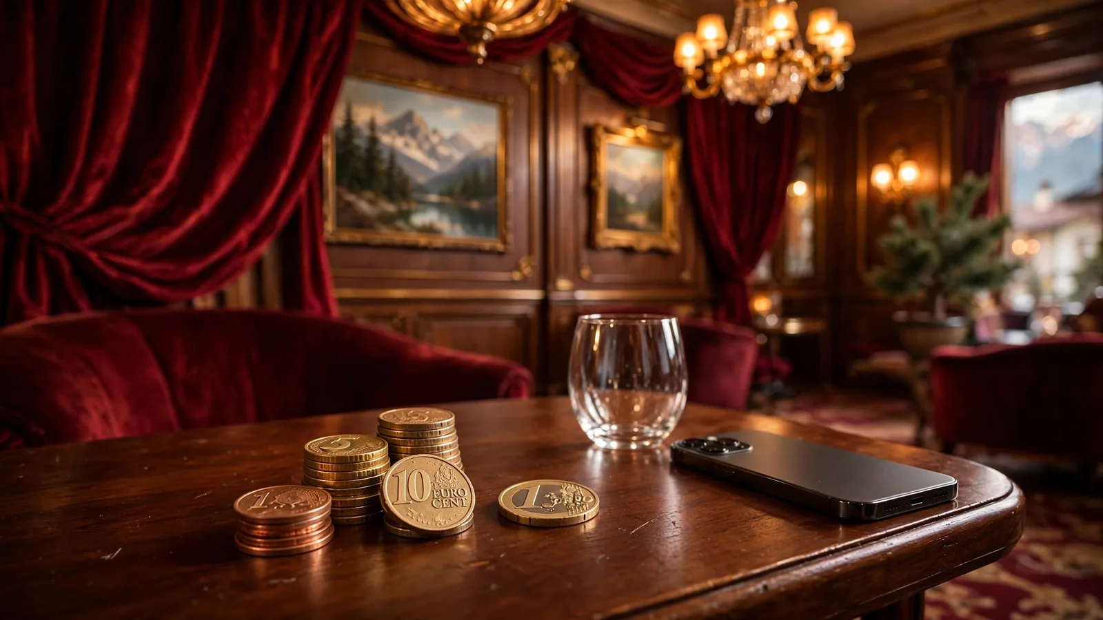 Stapel Euromünzen und ein Smartphone in einem eleganten österreichischen Casino-Lounge mit roten Samtvorhängen