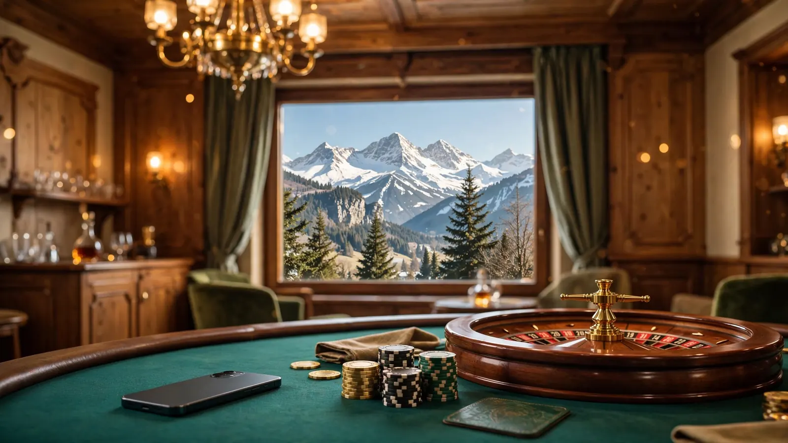 Elegantes österreichisches Casino-Interieur mit Roulette und Smartphone