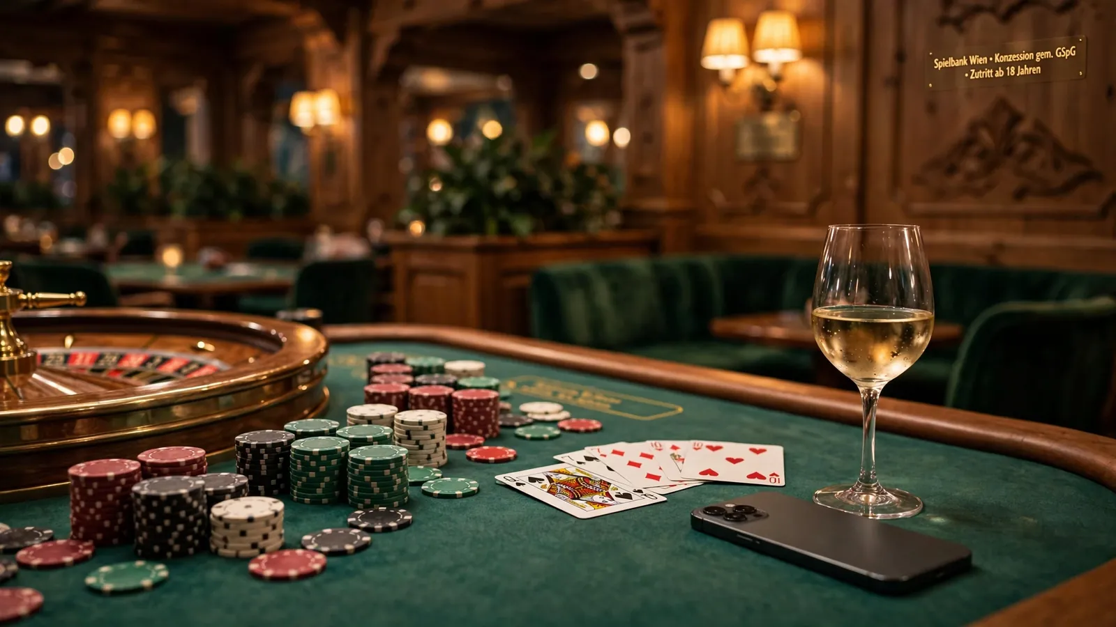 Elegantes österreichisches Casino mit Roulette-Tisch und Smartphone