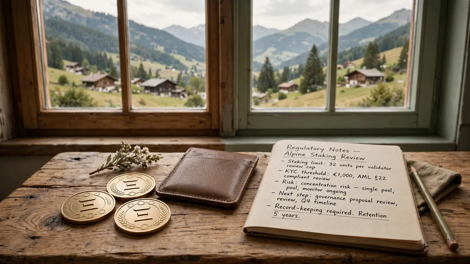 Alpenblick mit Ether-Münzen und Notizbuch auf Holztisch