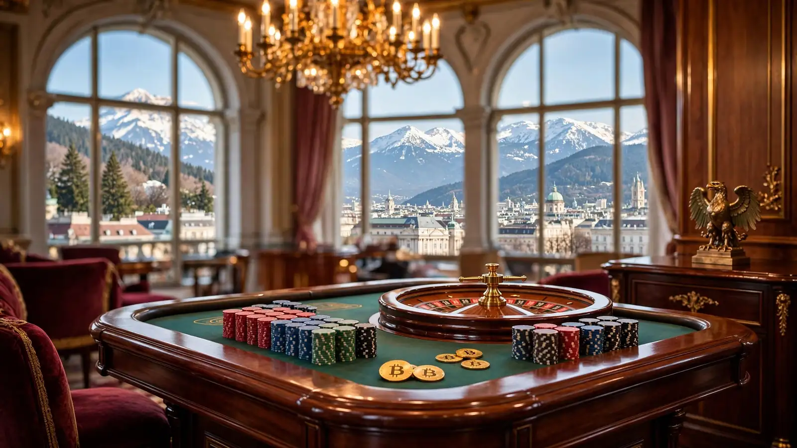 Elegante österreichische Casino-Lounge mit Alpenblick, Roulette-Tisch und Krypto-Münzen