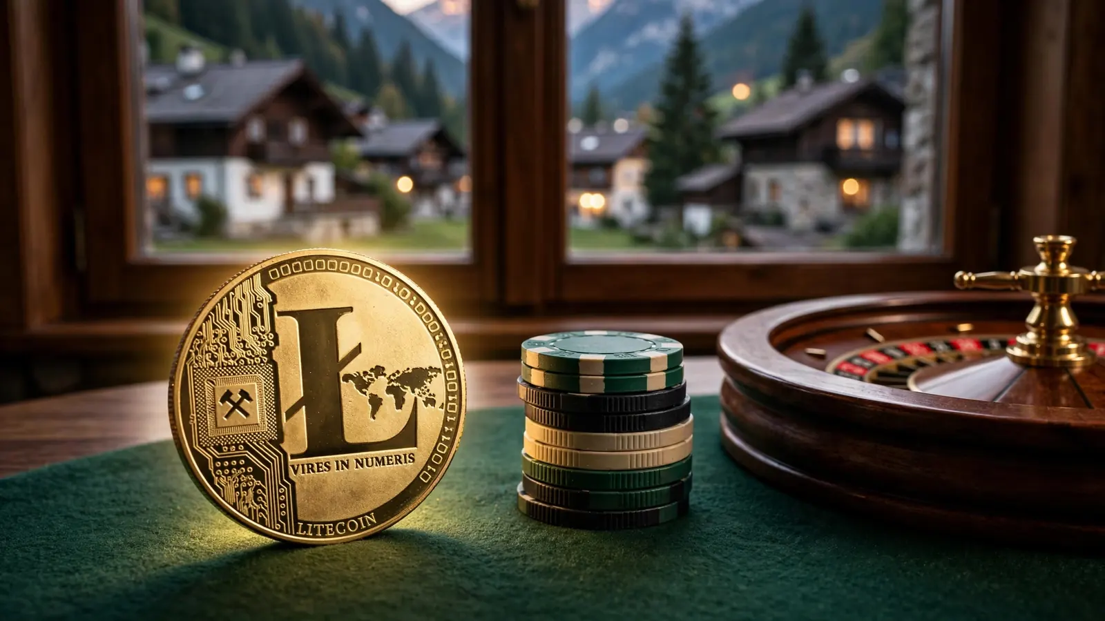 Litecoin-Münze auf Spieltisch mit österreichischer Alpenkulisse