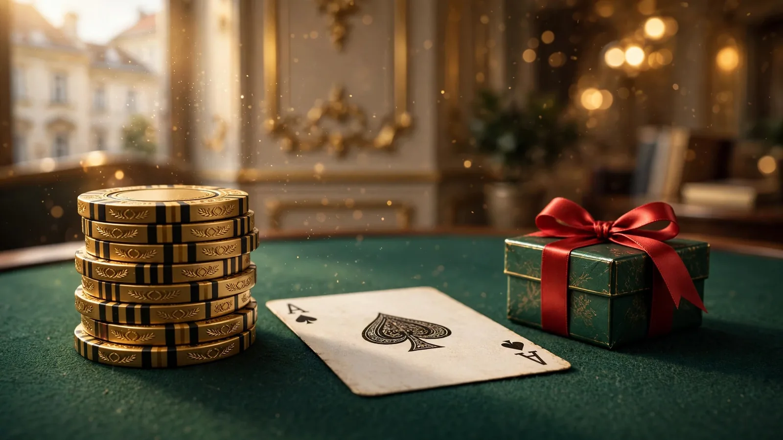 Goldene Casino-Chips, ein Ass und ein Geschenk auf grünem Filz