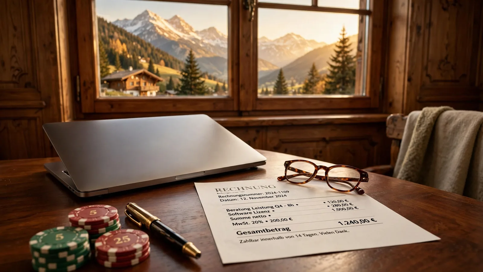 Laptop mit Rechnung auf Holzschreibtisch vor Alpenpanorama in Österreich
