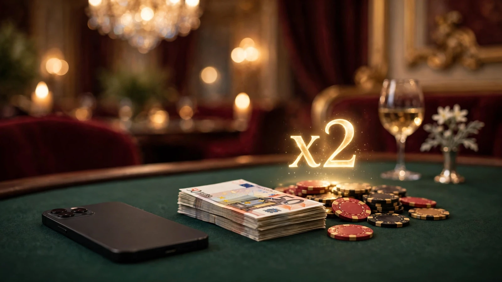 Euro-Banknoten und Casino-Chips mit goldenem x2-Bonus-Symbol auf grünem Spieltisch