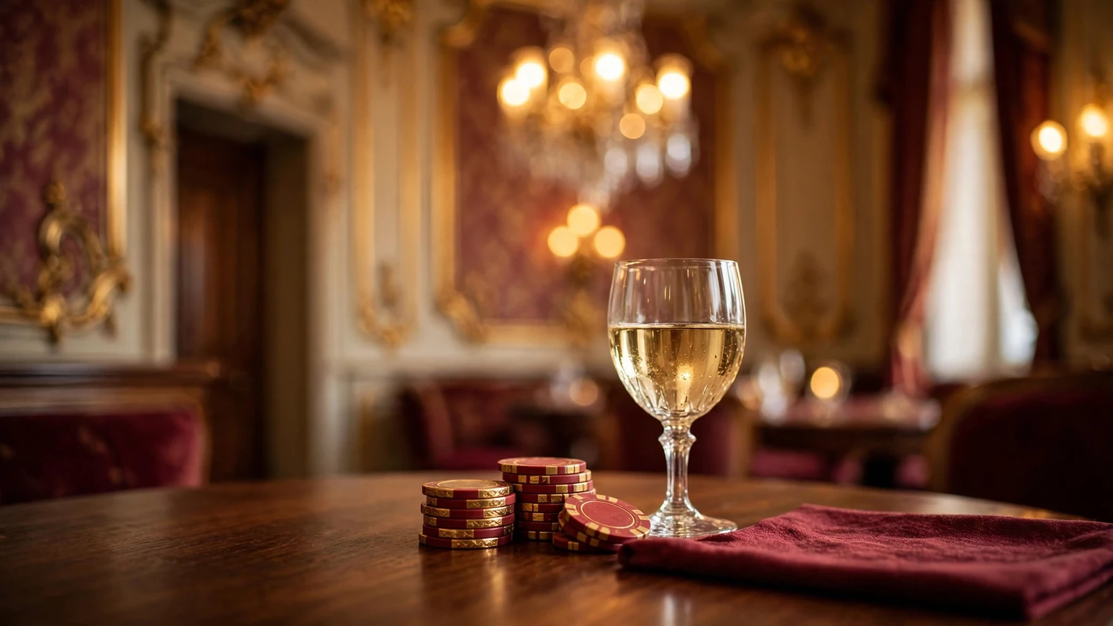 Stimmungsvolle österreichische Casino-Lounge mit Spielchips und Weinglas