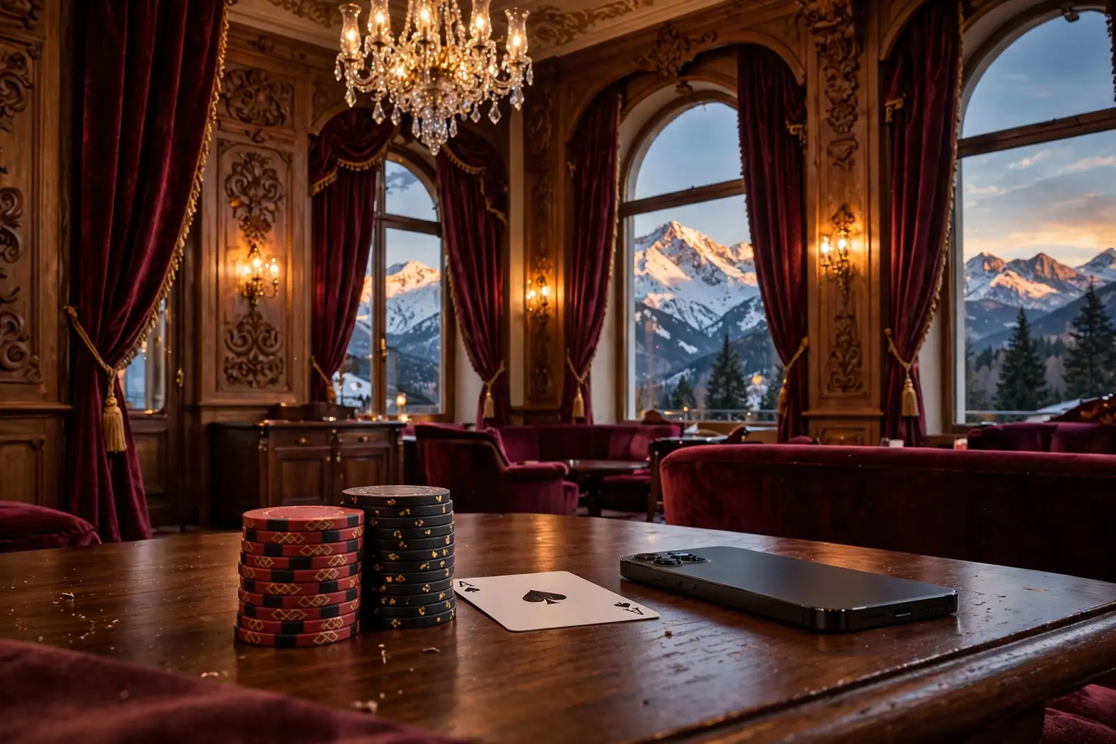 Elegante österreichische Casino-Lounge mit Chips und Smartphone auf Holztisch, Alpenfenster im Hintergrund