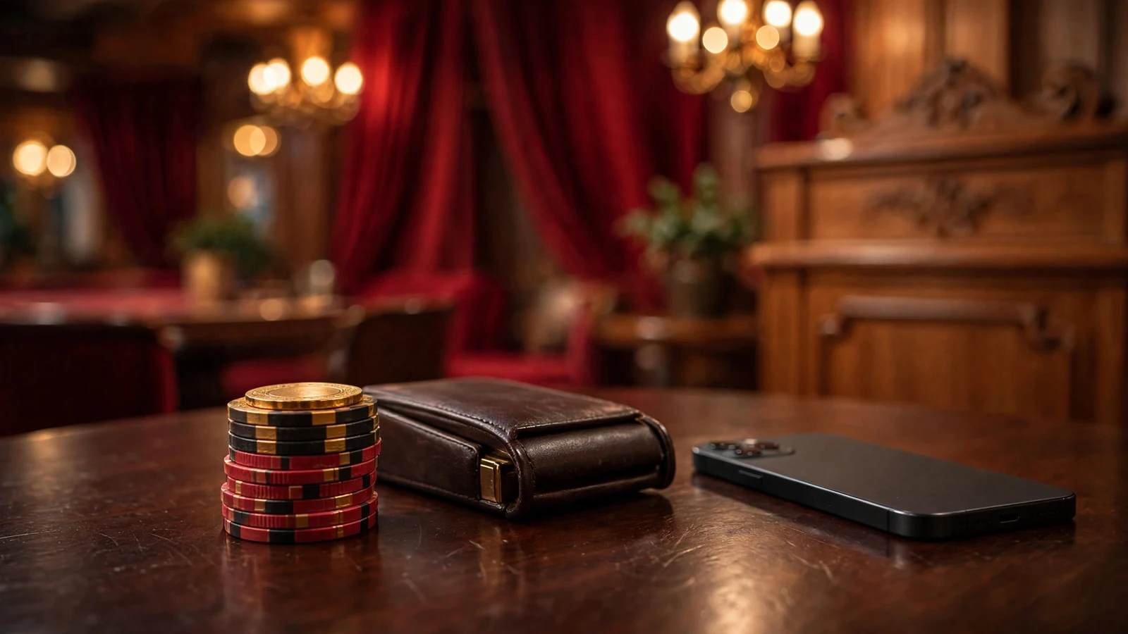 Stapel Casino-Chips neben einem Smartphone auf einem Holztisch in einem eleganten österreichischen Casino-Saal.