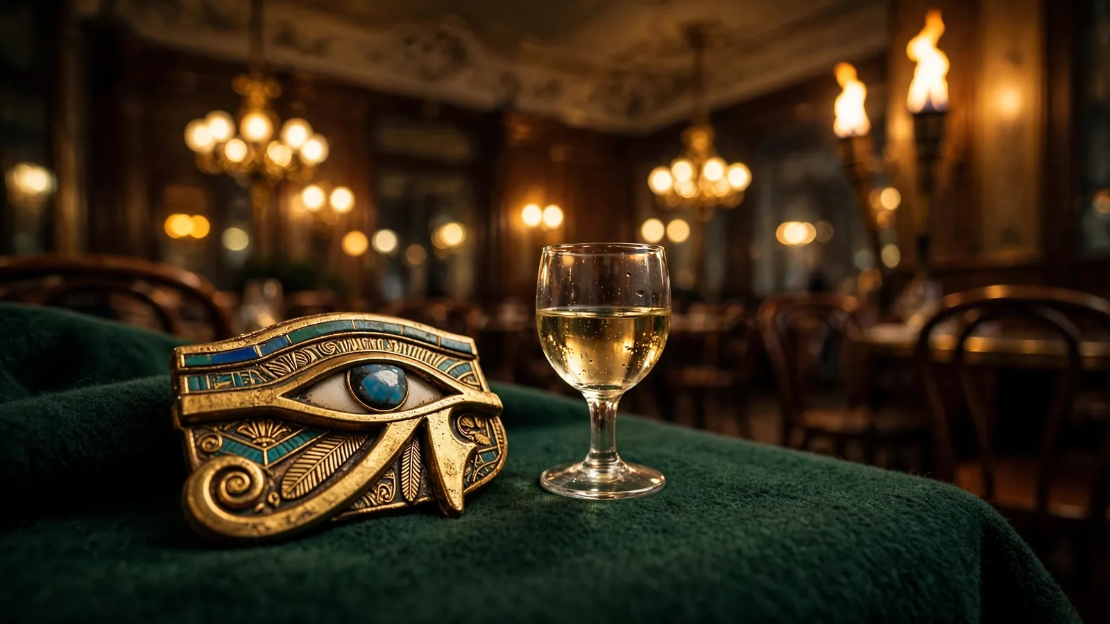Ägyptisches Horusauge-Amulett auf grünem Filz mit österreichischem Weißwein im Wiener Café.