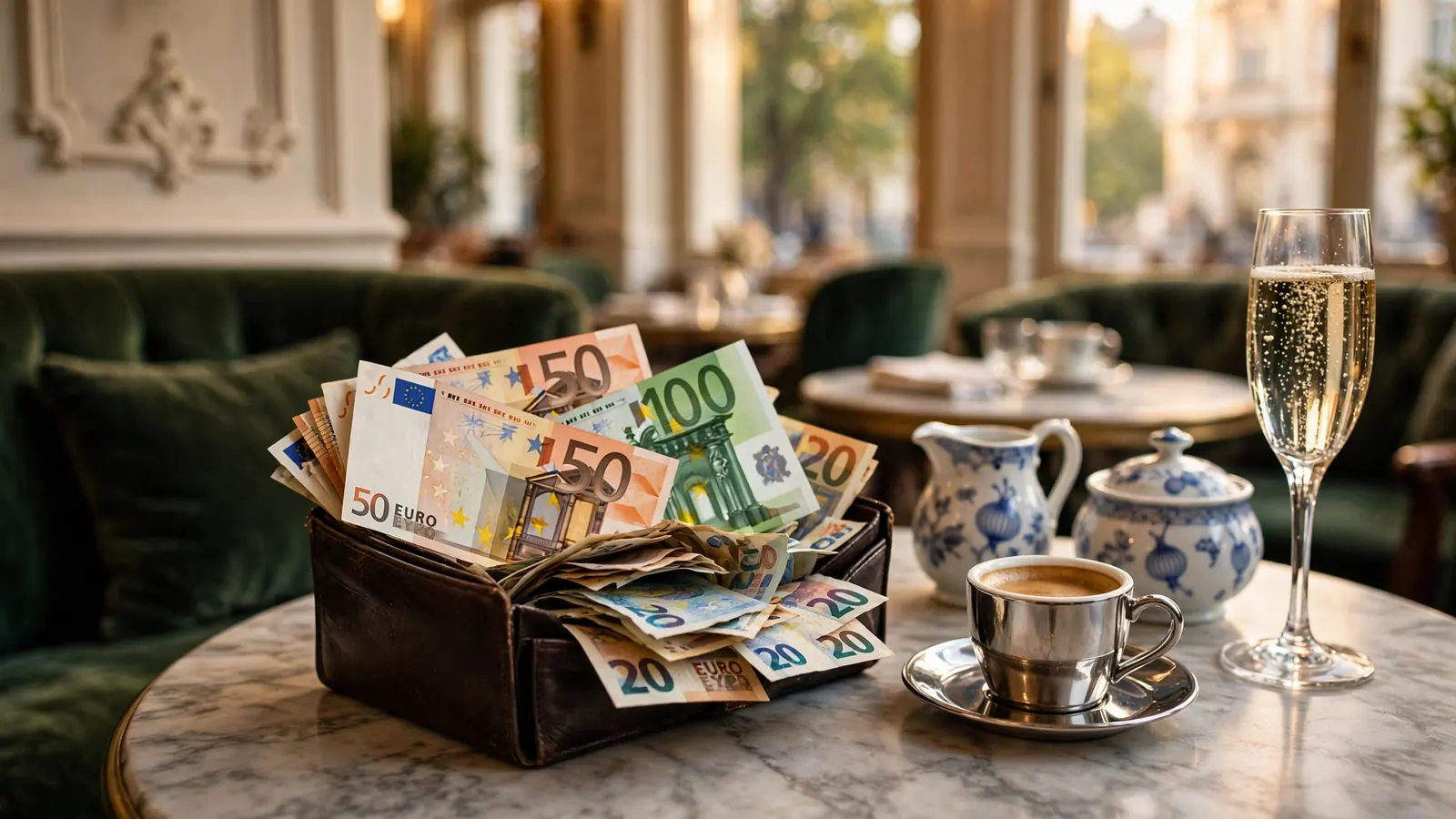 Stapel Euro-Scheine in stilvoller Geldbörse auf einem Wiener Kaf­ée­tisch