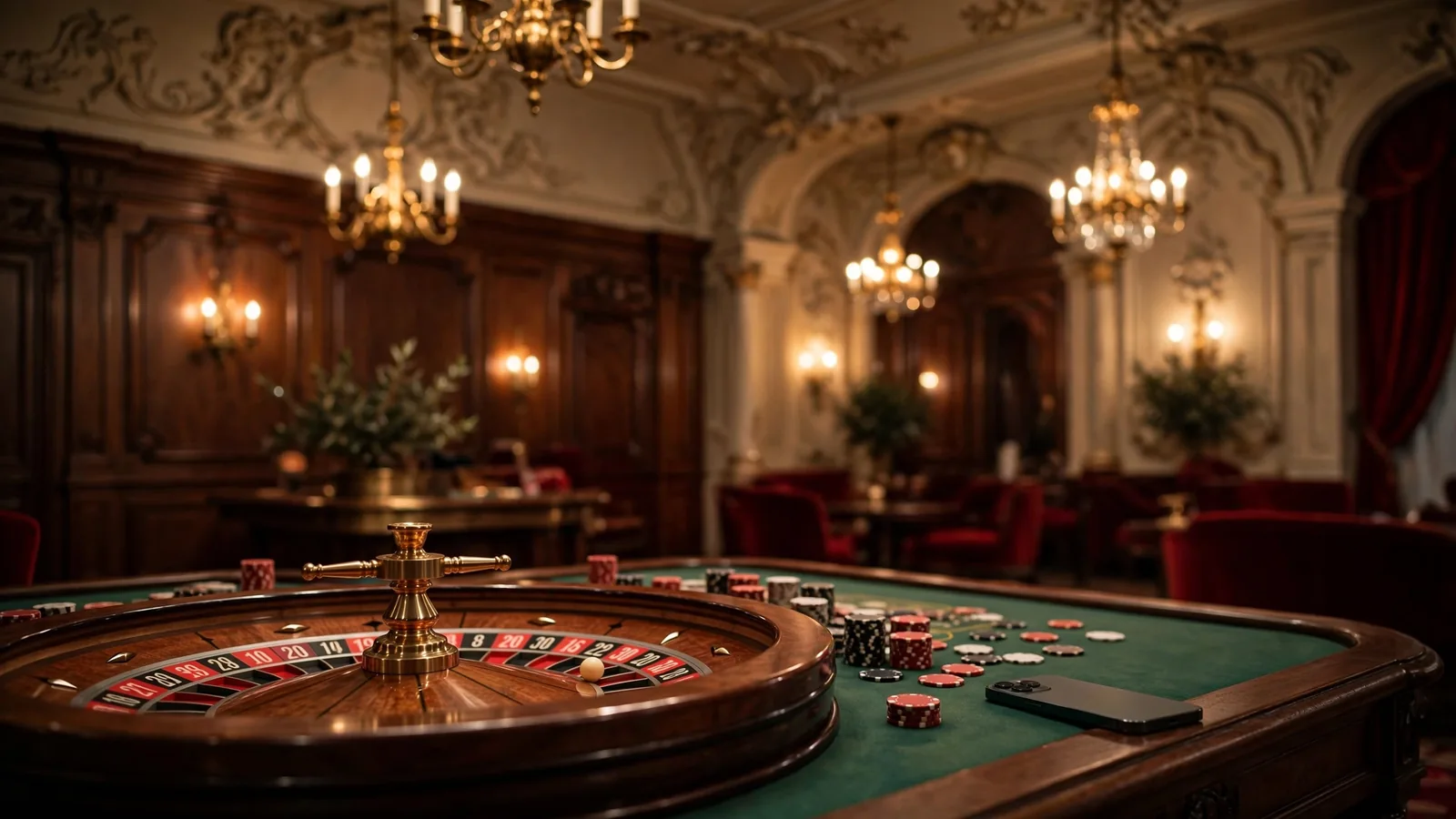Stilvolle österreichische Casino-Lounge mit Roulette und Smartphone verdeckt